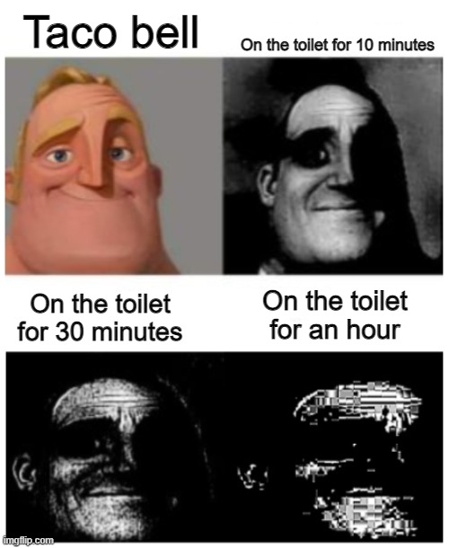 Mr.Trauma | Taco bell; On the toilet for 10 minutes; On the toilet for an hour; On the toilet for 30 minutes | image tagged in mr trauma | made w/ Imgflip meme maker
