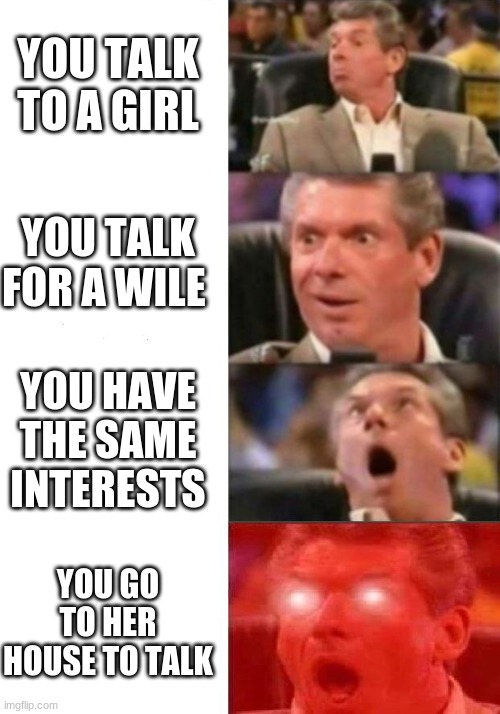 we all wish | YOU TALK TO A GIRL; YOU TALK FOR A WILE; YOU HAVE THE SAME INTERESTS; YOU GO TO HER HOUSE TO TALK | image tagged in mr mcmahon reaction | made w/ Imgflip meme maker