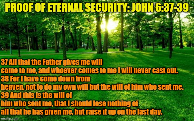 If Any One of Us Lost our Salvation then He Has Failed. | PROOF OF ETERNAL SECURITY: JOHN 6:37-39; 37 All that the Father gives me will come to me, and whoever comes to me I will never cast out. 
38 For I have come down from heaven, not to do my own will but the will of him who sent me. 
39 And this is the will of him who sent me, that I should lose nothing of all that he has given me, but raise it up on the last day. | image tagged in landscape | made w/ Imgflip meme maker