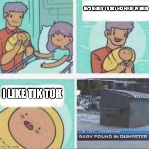 Baby Found in Dumpster | HE'S ABOUT TO SAY HIS FIRST WORDS; I LIKE TIK TOK | image tagged in baby found in dumpster | made w/ Imgflip meme maker