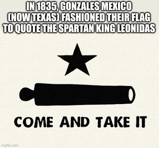 Come And Take It -Alamo | IN 1835, GONZALES MEXICO (NOW TEXAS) FASHIONED THEIR FLAG TO QUOTE THE SPARTAN KING LEONIDAS | image tagged in come and take it -alamo | made w/ Imgflip meme maker