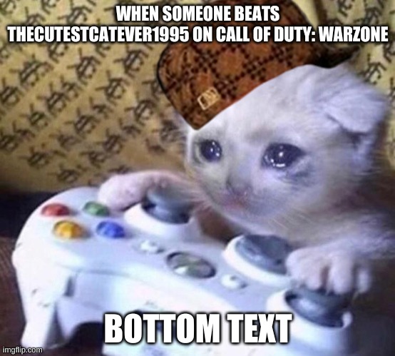 lol | WHEN SOMEONE BEATS THECUTESTCATEVER1995 ON CALL OF DUTY: WARZONE; BOTTOM TEXT | image tagged in sad gamer cat | made w/ Imgflip meme maker
