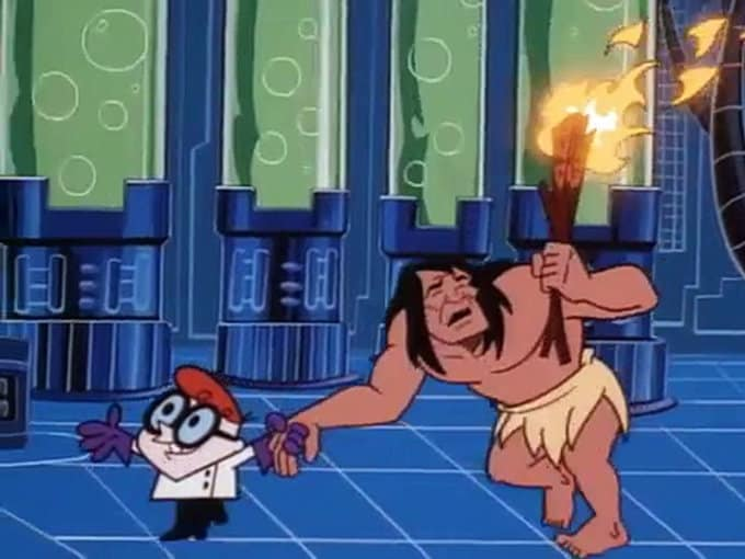 Dexter showing caveman his lab Blank Meme Template