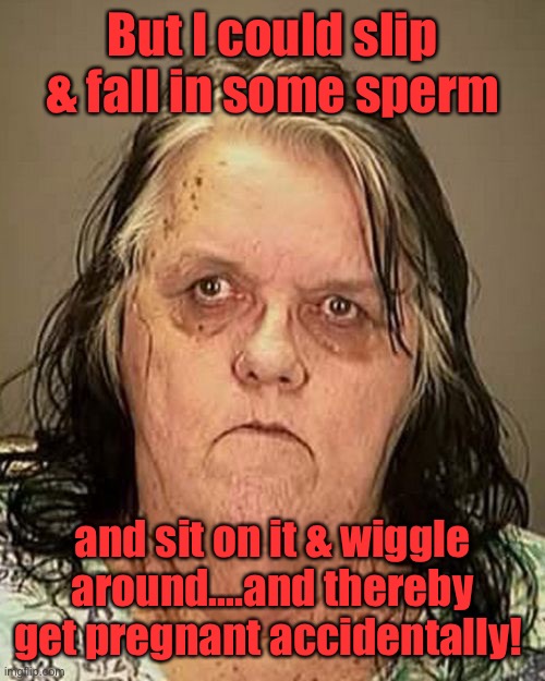 Ugly woman | But I could slip & fall in some sperm and sit on it & wiggle around….and thereby get pregnant accidentally! | image tagged in ugly woman | made w/ Imgflip meme maker
