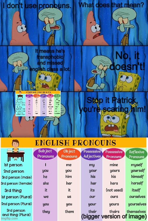 I don't use pronouns. What does that mean? No, it doesn't! It means he's transphobic and missed english class a lot. Stop it Patrick, you're scaring him! (bigger version of image) | image tagged in stop it patrick you're scaring him | made w/ Imgflip meme maker