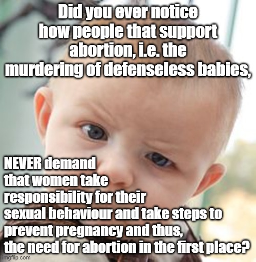 Abortion is murder. Women must take responsibility if sexually active to use condoms and birth control to avoid the abortions. |  Did you ever notice how people that support abortion, i.e. the murdering of defenseless babies, NEVER demand 
that women take 
responsibility for their 
sexual behaviour and take steps to 
prevent pregnancy and thus, 
the need for abortion in the first place? | image tagged in memes,skeptical baby,abortion is murder,abortion,political memes,women | made w/ Imgflip meme maker