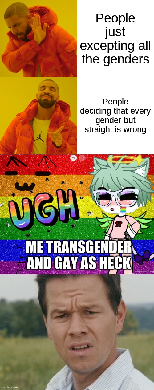 People just excepting all the genders; People deciding that every gender but straight is wrong; ME TRANSGENDER AND GAY AS HECK | image tagged in memes,drake hotline bling,transgender is me -_-,huh | made w/ Imgflip meme maker