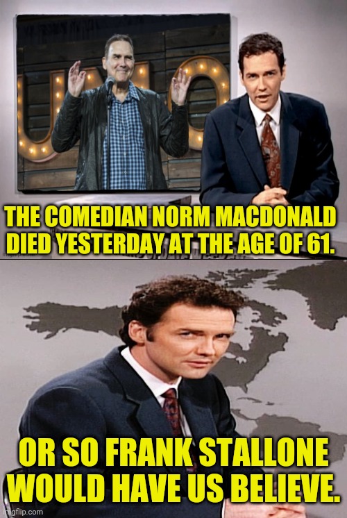 Norm. | THE COMEDIAN NORM MACDONALD DIED YESTERDAY AT THE AGE OF 61. OR SO FRANK STALLONE WOULD HAVE US BELIEVE. | image tagged in norm macdonald | made w/ Imgflip meme maker