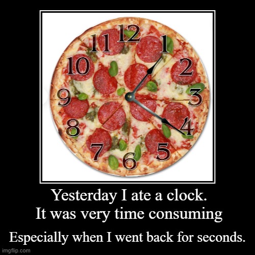 This post is very ALARM-ing!! | image tagged in funny,demotivationals,clock,eating,time,pizza time stops | made w/ Imgflip demotivational maker