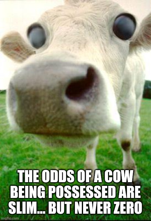 Possessed cow | THE ODDS OF A COW BEING POSSESSED ARE SLIM... BUT NEVER ZERO | image tagged in scary cow | made w/ Imgflip meme maker
