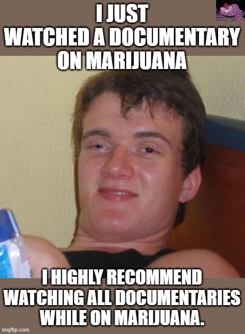 A good suggestion | I JUST WATCHED A DOCUMENTARY ON MARIJUANA; I HIGHLY RECOMMEND WATCHING ALL DOCUMENTARIES WHILE ON MARIJUANA. | image tagged in memes,10 guy | made w/ Imgflip meme maker