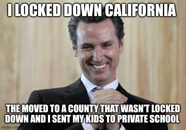 Scheming Gavin Newsom  | I LOCKED DOWN CALIFORNIA THE MOVED TO A COUNTY THAT WASN’T LOCKED DOWN AND I SENT MY KIDS TO PRIVATE SCHOOL | image tagged in scheming gavin newsom | made w/ Imgflip meme maker