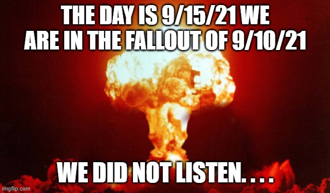 we did not listen | THE DAY IS 9/15/21 WE ARE IN THE FALLOUT OF 9/10/21; WE DID NOT LISTEN. . . . | image tagged in stupid,9/10/21,judgement day,blue kid,fallout,you stupid | made w/ Imgflip meme maker
