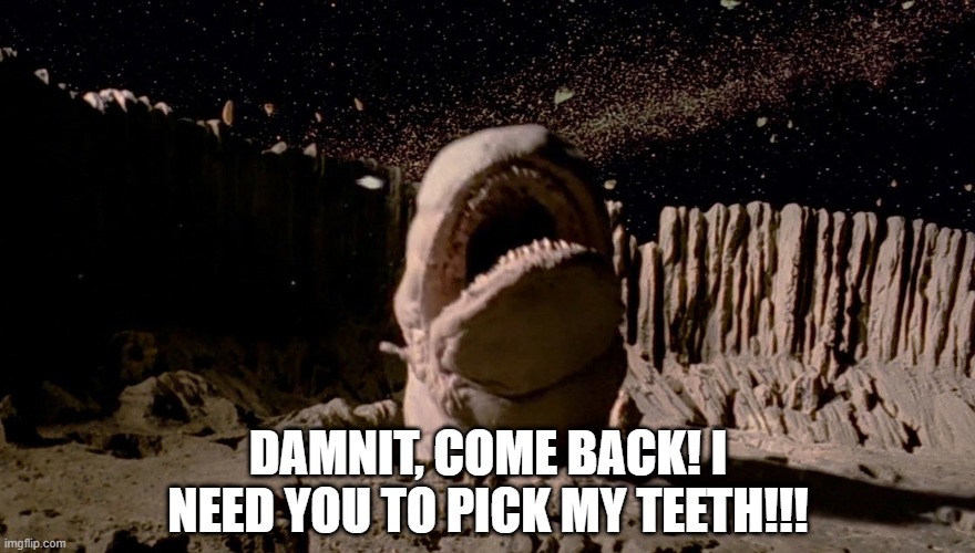 Space Worm Dental Needs | DAMNIT, COME BACK! I NEED YOU TO PICK MY TEETH!!! | image tagged in star wars asteroid worm | made w/ Imgflip meme maker