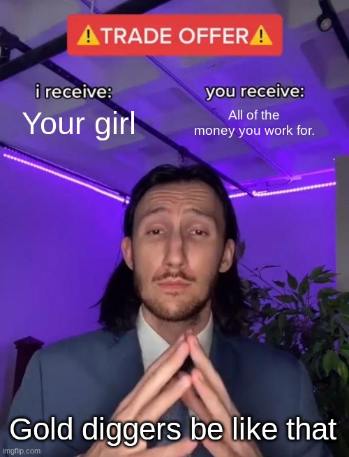 i have no words for you people but look at it | Your girl; All of the money you work for. Gold diggers be like that | image tagged in trade offer | made w/ Imgflip meme maker