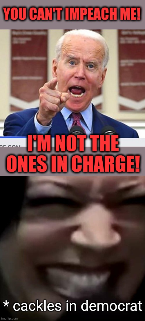So who is acting as president?! | YOU CAN'T IMPEACH ME! I'M NOT THE ONES IN CHARGE! * cackles in democrat | image tagged in joe biden no malarkey,memes,cackles in democrat,kamala harris,senile creep,impeachment | made w/ Imgflip meme maker