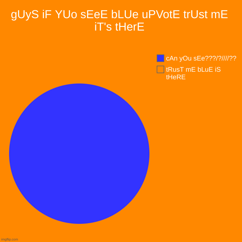 Upvote Beggers Be Like | gUyS iF YUo sEeE bLUe uPVotE trUst mE iT's tHerE | tRusT mE bLuE iS tHeRE, cAn yOu sEe???/?////?? | image tagged in charts,pie charts,upvote begging,be like | made w/ Imgflip chart maker