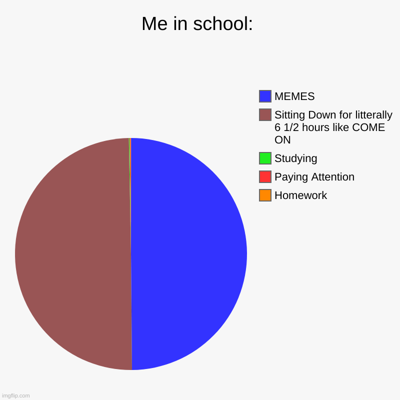 School be like | Me in school: | Homework, Paying Attention, Studying, Sitting Down for litterally 6 1/2 hours like COME ON, MEMES | image tagged in charts,pie charts | made w/ Imgflip chart maker