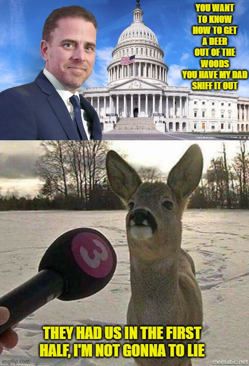 Hunter would know! | YOU WANT TO KNOW HOW TO GET A DEER OUT OF THE WOODS
YOU HAVE MY DAD SNIFF IT OUT; THEY HAD US IN THE FIRST HALF, I'M NOT GONNA TO LIE | image tagged in hunter biden,deer interviewed,memes,funny,funny memes | made w/ Imgflip meme maker