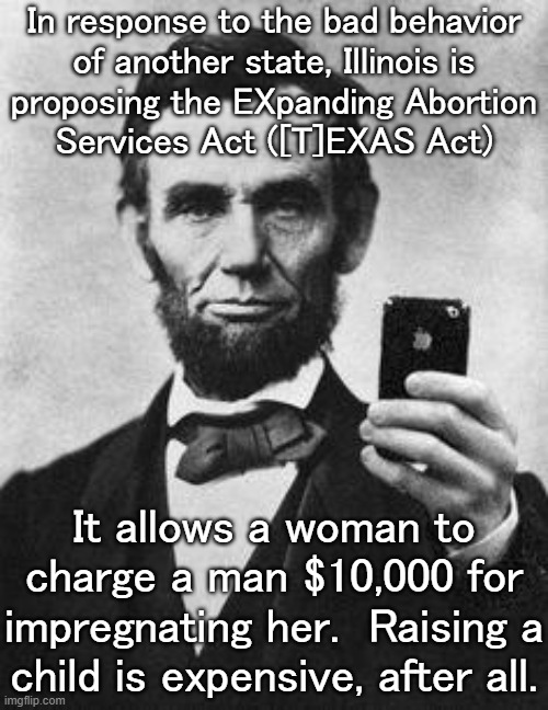 What's good for the goose is good for the gander. | In response to the bad behavior
of another state, Illinois is
proposing the EXpanding Abortion
Services Act ([T]EXAS Act); It allows a woman to charge a man $10,000 for impregnating her.  Raising a
child is expensive, after all. | image tagged in lincoln selfie,pro-choice,mad karma,responsibility | made w/ Imgflip meme maker