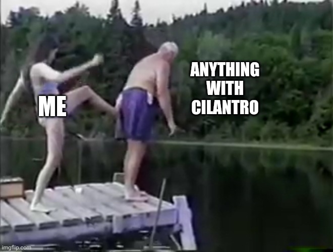 No good |  ANYTHING WITH CILANTRO; ME | image tagged in kick it out | made w/ Imgflip meme maker