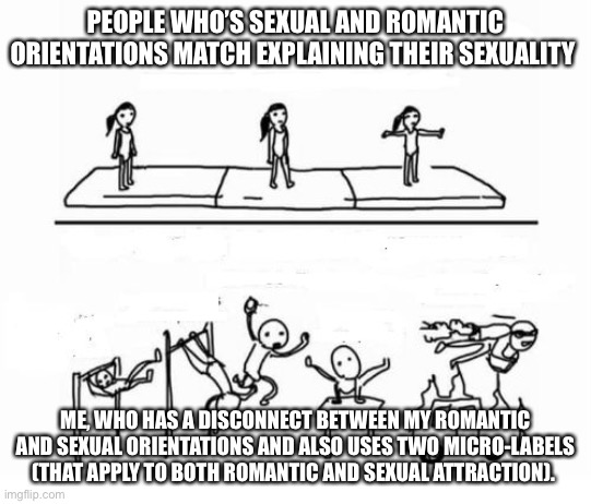 Mental Gymnastics |  PEOPLE WHO’S SEXUAL AND ROMANTIC ORIENTATIONS MATCH EXPLAINING THEIR SEXUALITY; ME, WHO HAS A DISCONNECT BETWEEN MY ROMANTIC AND SEXUAL ORIENTATIONS AND ALSO USES TWO MICRO-LABELS (THAT APPLY TO BOTH ROMANTIC AND SEXUAL ATTRACTION). | image tagged in mental gymnastics | made w/ Imgflip meme maker