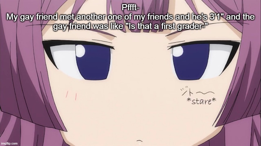 Kiriha Stare | Pffft-
My gay friend met another one of my friends and he's 3'1" and the gay friend was like "Is that a first grader-" | image tagged in kiriha stare | made w/ Imgflip meme maker
