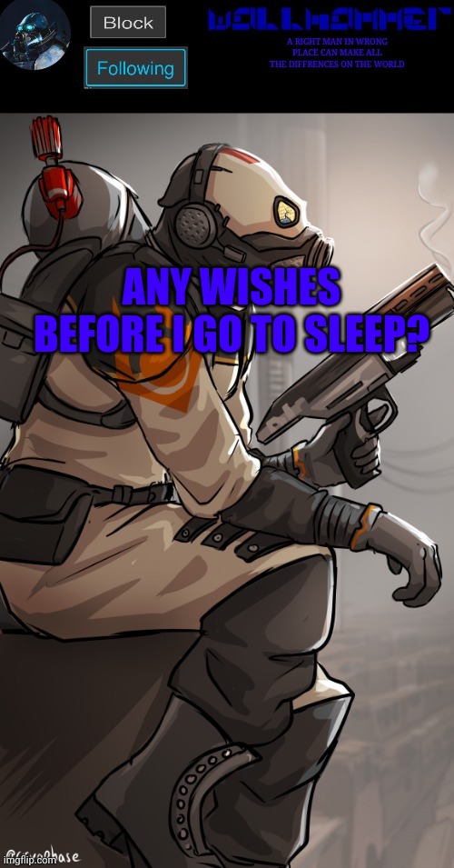 wallhamer | ANY WISHES BEFORE I GO TO SLEEP? | image tagged in wallhamer | made w/ Imgflip meme maker