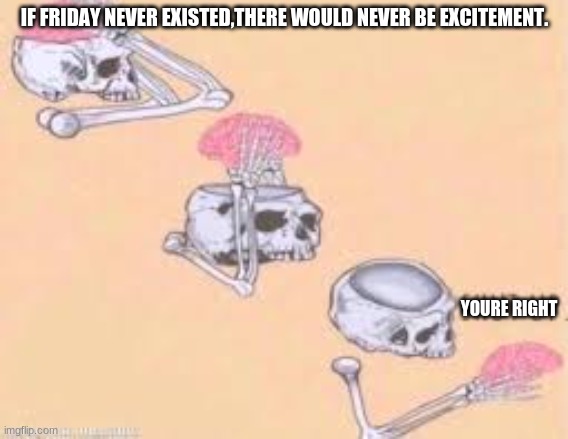 Shut up Skeleton | IF FRIDAY NEVER EXISTED,THERE WOULD NEVER BE EXCITEMENT. YOURE RIGHT | image tagged in shut up skeleton | made w/ Imgflip meme maker