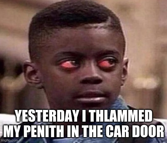 High | YESTERDAY I THLAMMED MY PENITH IN THE CAR DOOR | image tagged in high kid | made w/ Imgflip meme maker