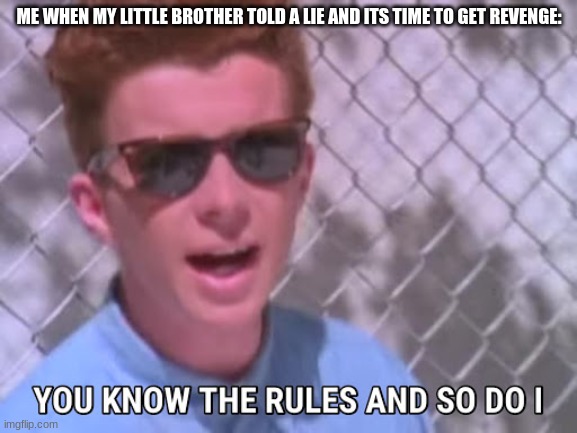Rick astley you know the rules | ME WHEN MY LITTLE BROTHER TOLD A LIE AND ITS TIME TO GET REVENGE: | image tagged in rick astley you know the rules | made w/ Imgflip meme maker