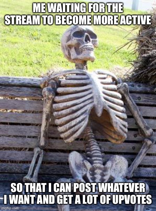 MSMG activity in a nutshell | ME WAITING FOR THE STREAM TO BECOME MORE ACTIVE; SO THAT I CAN POST WHATEVER I WANT AND GET A LOT OF UPVOTES | image tagged in memes,waiting skeleton | made w/ Imgflip meme maker