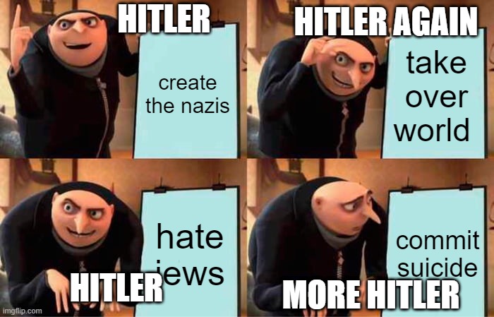 I'm bored | HITLER; HITLER AGAIN; create the nazis; take over world; hate jews; commit suicide; HITLER; MORE HITLER | image tagged in memes,gru's plan | made w/ Imgflip meme maker
