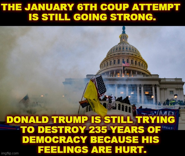 Scr*w the b*stard. | THE JANUARY 6TH COUP ATTEMPT 
IS STILL GOING STRONG. DONALD TRUMP IS STILL TRYING 
TO DESTROY 235 YEARS OF 
DEMOCRACY BECAUSE HIS 
FEELINGS ARE HURT. | image tagged in january 6 riot insurrection coup washington republicans,trump,attack,democracy,selfish,crazy | made w/ Imgflip meme maker