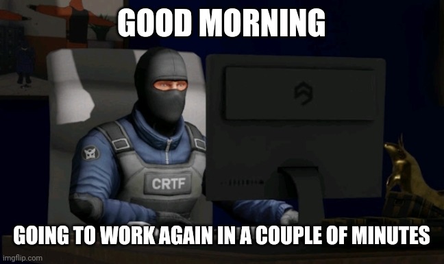 counter-terrorist looking at the computer | GOOD MORNING; GOING TO WORK AGAIN IN A COUPLE OF MINUTES | image tagged in computer | made w/ Imgflip meme maker