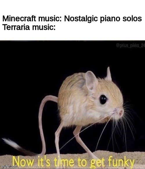 Terraria music is a bop. It just is. | Minecraft music: Nostalgic piano solos
Terraria music: | image tagged in now its time to get funky,minecraft,terraria,music | made w/ Imgflip meme maker