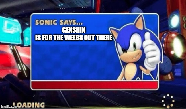 Sonic Says | GENSHIN IS FOR THE WEEBS OUT THERE | image tagged in sonic says | made w/ Imgflip meme maker