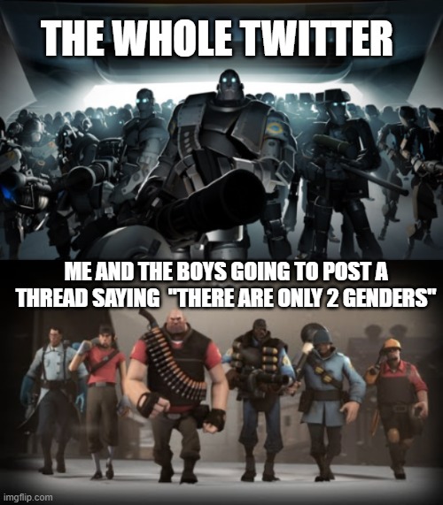 Mann vs Machine | THE WHOLE TWITTER; ME AND THE BOYS GOING TO POST A THREAD SAYING  "THERE ARE ONLY 2 GENDERS" | image tagged in mann vs machine | made w/ Imgflip meme maker