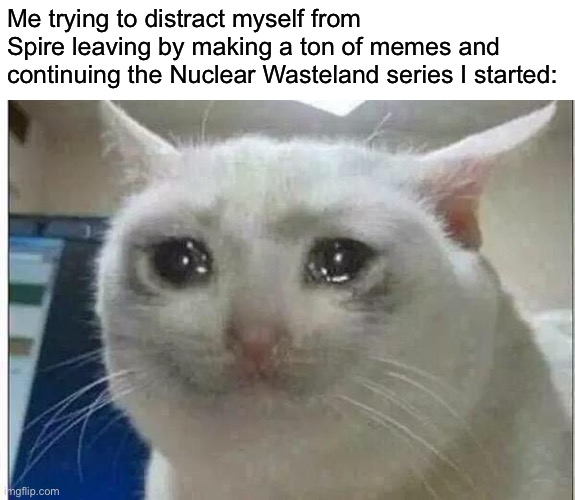 If y’all don’t think I care, this is how I really feel about it. | Me trying to distract myself from Spire leaving by making a ton of memes and continuing the Nuclear Wasteland series I started: | image tagged in crying cat | made w/ Imgflip meme maker