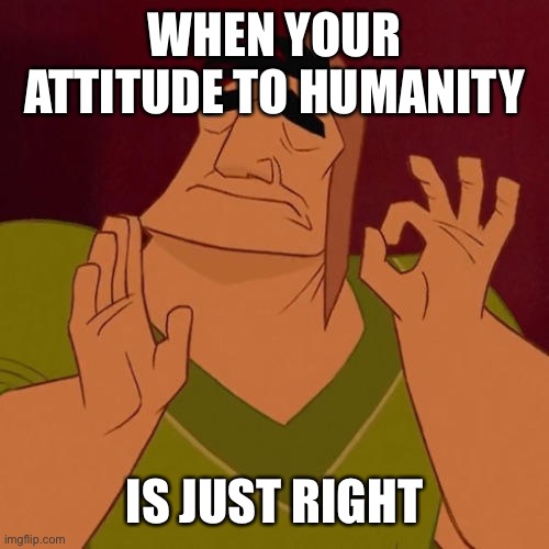 Hate them all | WHEN YOUR ATTITUDE TO HUMANITY; IS JUST RIGHT | image tagged in when x just right | made w/ Imgflip meme maker