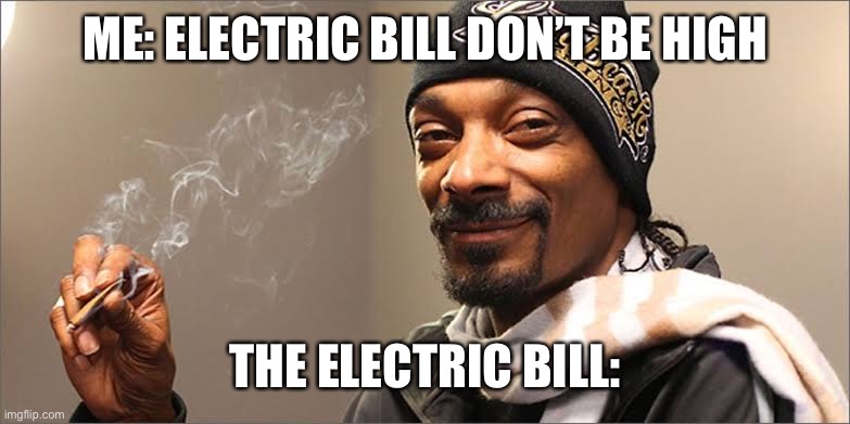 Snoop electric bill | ME: ELECTRIC BILL DON’T BE HIGH THE ELECTRIC BILL: | image tagged in snoop dog high,electric,high,too damn high | made w/ Imgflip meme maker