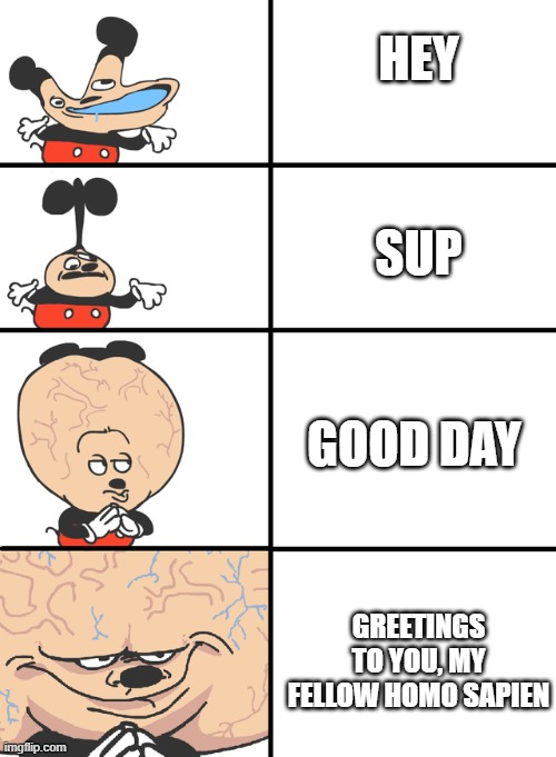 mega big brain mokey | HEY; SUP; GOOD DAY; GREETINGS TO YOU, MY FELLOW HOMO SAPIEN | image tagged in mega big brain mokey | made w/ Imgflip meme maker