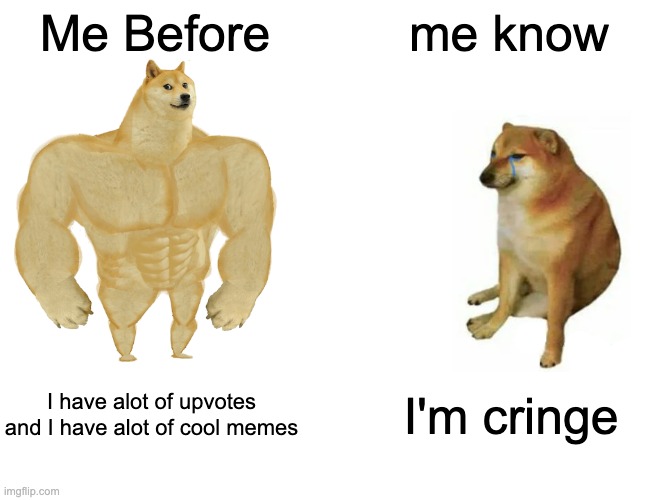 it do be like that | Me Before; me know; I have alot of upvotes and I have alot of cool memes; I'm cringe | image tagged in memes,buff doge vs cheems | made w/ Imgflip meme maker