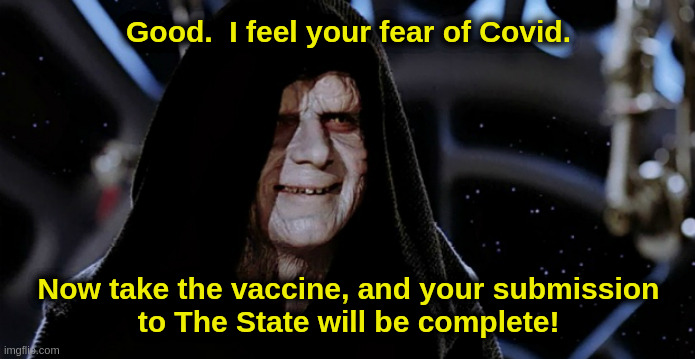 Vaccine Palpatine | Good.  I feel your fear of Covid. Now take the vaccine, and your submission
to The State will be complete! | image tagged in star wars,palpatine,covid,vaccine,liberals | made w/ Imgflip meme maker