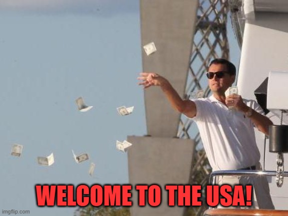Leonardo DiCaprio throwing Money  | WELCOME TO THE USA! | image tagged in leonardo dicaprio throwing money | made w/ Imgflip meme maker
