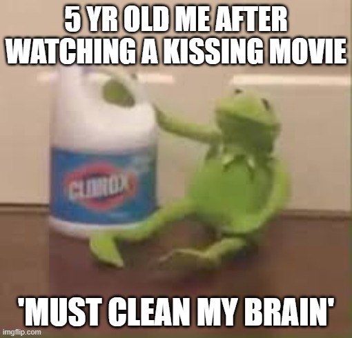 finally some good hecking bleach | 5 YR OLD ME AFTER WATCHING A KISSING MOVIE; 'MUST CLEAN MY BRAIN' | image tagged in yum - some good hecking bleach | made w/ Imgflip meme maker