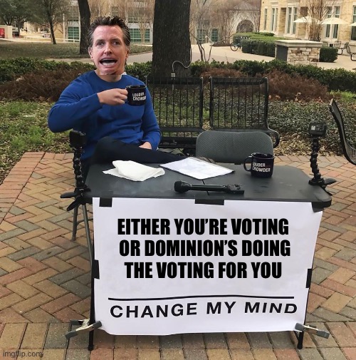 Change my mind Gavin Newsom | EITHER YOU’RE VOTING 

OR DOMINION’S DOING THE VOTING FOR YOU | image tagged in change my mind gavin newsom | made w/ Imgflip meme maker