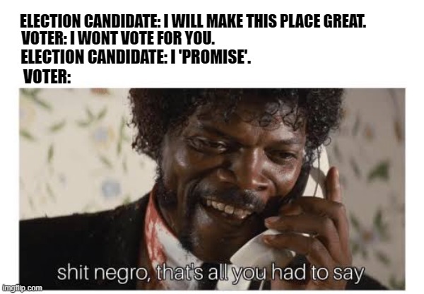 Shit homboy, why didnt ya just say that | ELECTION CANDIDATE: I WILL MAKE THIS PLACE GREAT. VOTER: I WONT VOTE FOR YOU. ELECTION CANDIDATE: I 'PROMISE'. VOTER: | image tagged in shit negro that s all you had to say | made w/ Imgflip meme maker