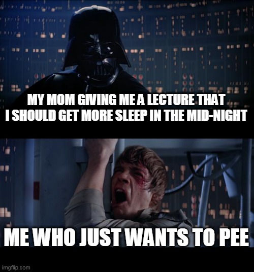 Star Wars No Meme | MY MOM GIVING ME A LECTURE THAT I SHOULD GET MORE SLEEP IN THE MID-NIGHT; ME WHO JUST WANTS TO PEE | image tagged in memes,star wars no | made w/ Imgflip meme maker