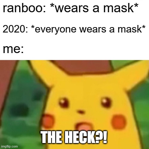 i think ranboo predicted the coronavirus | ranboo: *wears a mask*; 2020: *everyone wears a mask*; me:; THE HECK?! | image tagged in memes,surprised pikachu | made w/ Imgflip meme maker